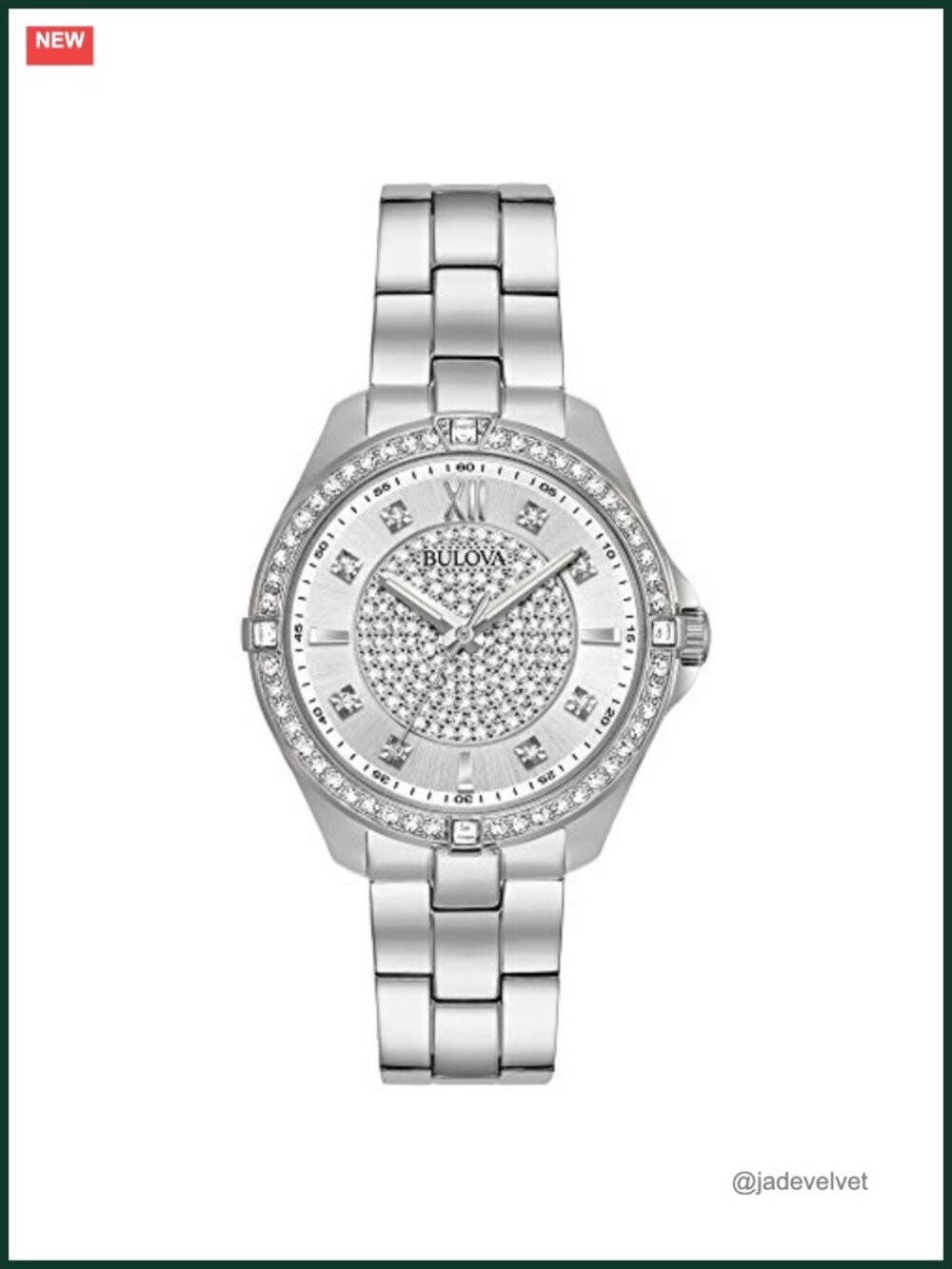 Ladies Crystal Pave Dial Stainless Steel Quartz Watch Roman Numerals